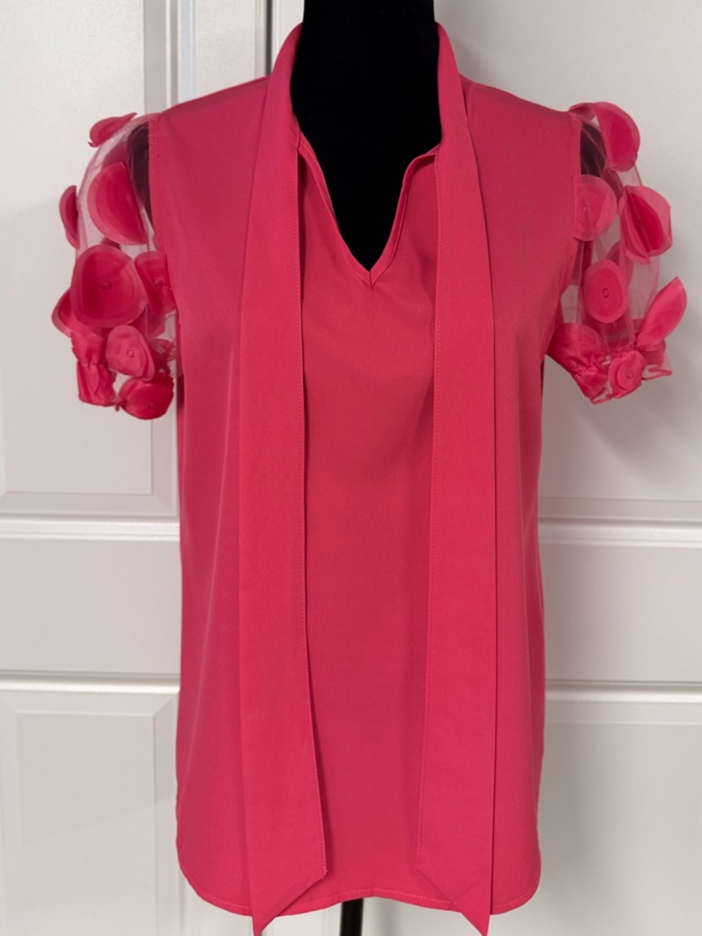 Shein Appliqué Sleeve Tie Front Top - Picture 2 of 7